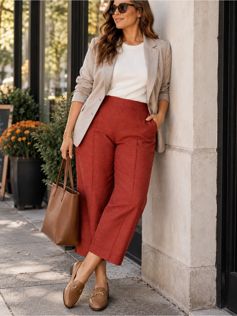 RENA ROWAN Rust Colored Wide Leg Crop Pants 16W High Rise Linen Blend NWT